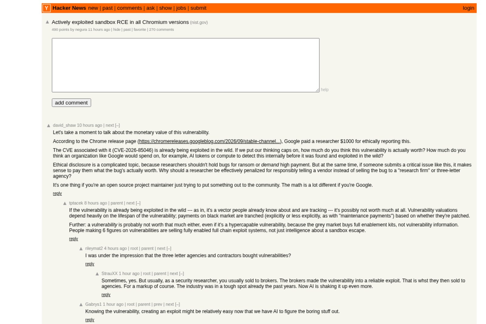 Hacker News 首頁的討論串,標題是所有 Chromium 版本都有這個正在被攻擊的沙箱 RCE 漏洞,掛了將近五百分